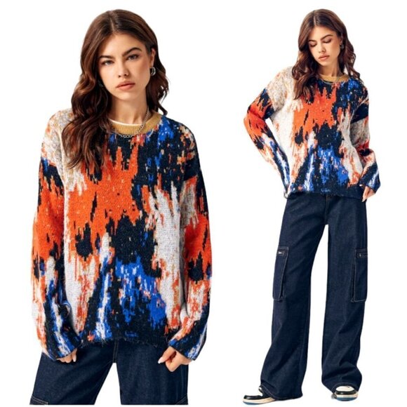 Cider Orange And Black Multicolor Print Crew Neck Pullover Sweater Size XS - Picture 1 of 7